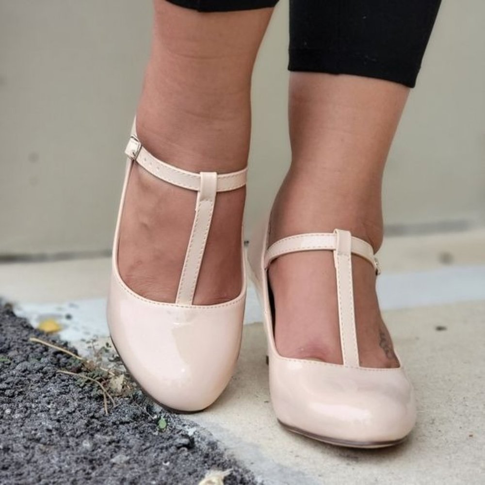 Women's Low Heel Mary Jane Pumps T Strap Nude Color